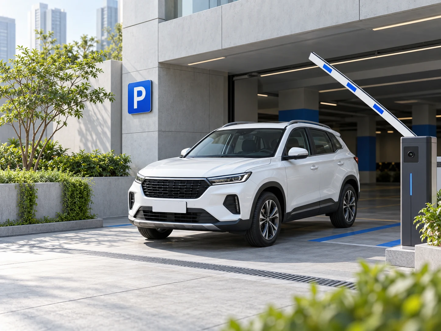 Illustration of a modern parking entrance with a white car and clear parking bays